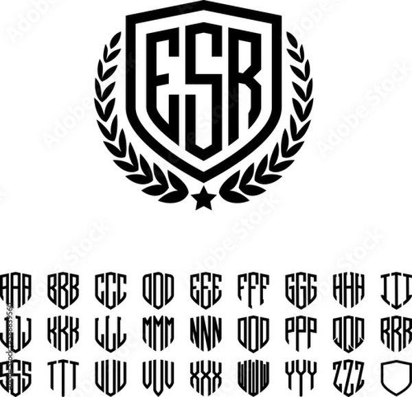 Obraz Shield Heraldic Wreath with 3 Letters Alphabet Font For Logotype, logos, embroidery, necklaces