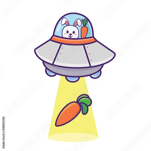 Fototapeta illustration of a flying UFO bunny stealing carrots.