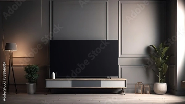 Fototapeta Realistic interior of living room with gray couch and tv screenplay. Generative Ai