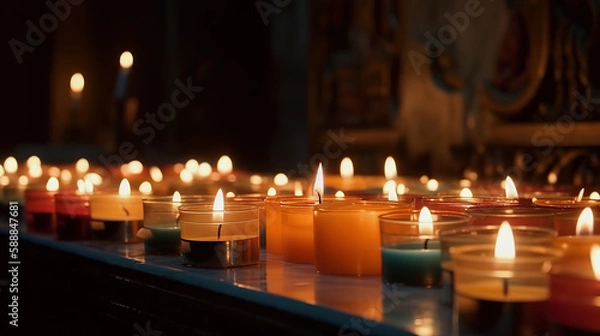 Fototapeta Candles in a Christian Orthodox church background. Generative Ai