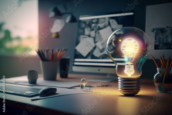 Fototapeta Creative ligth bulb, hologram in a modern desk, generative ai