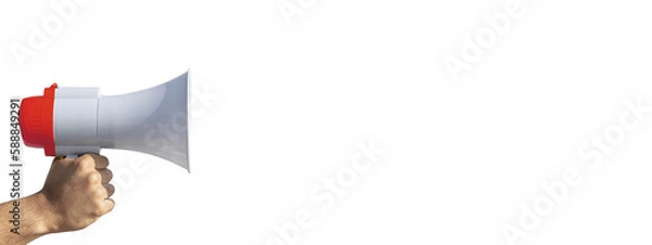 Fototapeta Man screaming Announcement On Megaphone -Advertisement concept with wide copy space for text