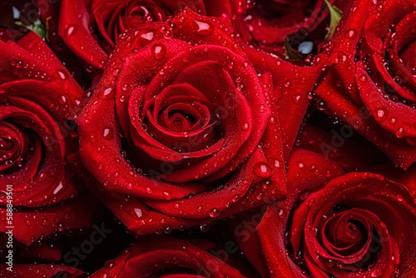 Fototapeta Seamless background small red roses with green leaves visible water drops