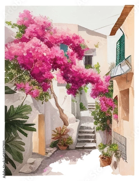 Fototapeta Watercolor Santorini Island landscape. Greece summer island landscape. Santorini hand drawn square vector background. Picturesque sketch. Ideal for card, invitation, banners, posters.