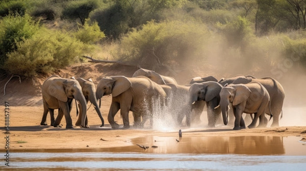 Obraz Elephants playing by the water, created with Generative AI technology.