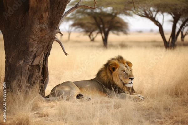 Obraz Lion resting under the tree, created with Generative AI technology.