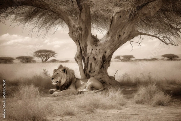 Obraz Lion resting under the tree, created with Generative AI technology.