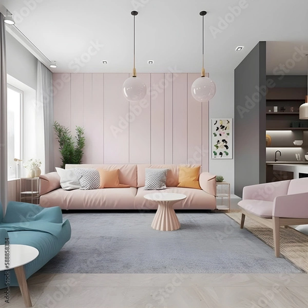 Fototapeta Generattive ai ilustrations, living room design, in color pastel
