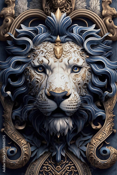 Fototapeta Incredible golden gold feline lion concept statue with intricate pattern design background made of ceramic or porcelain. Majestic metal metallic animal portrait of a wild animal. Ai generated