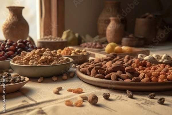 Fototapeta Dried fruits and nuts on a beige ceramic table. AI generated