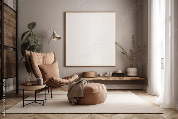 Fototapeta Interior design of living room interior with design armchair, wooden coffee table, mock up poster frame. AI generated