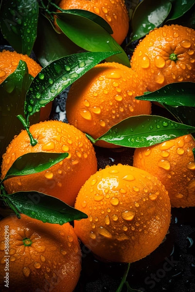 Obraz Seamless background many ripe orange tangerines with green leaves visible water drops