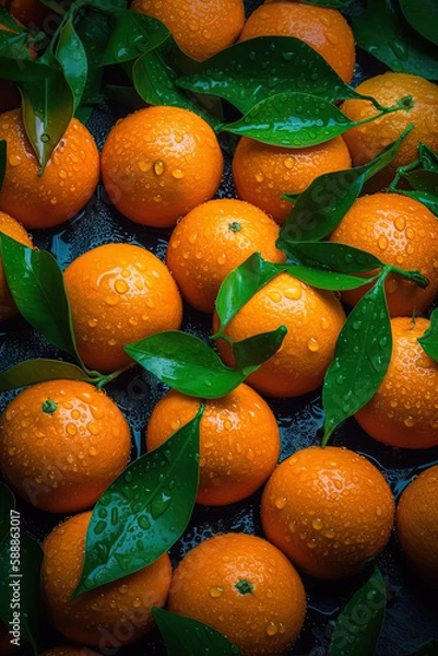 Fototapeta Seamless background many ripe orange tangerines with green leaves visible water drops