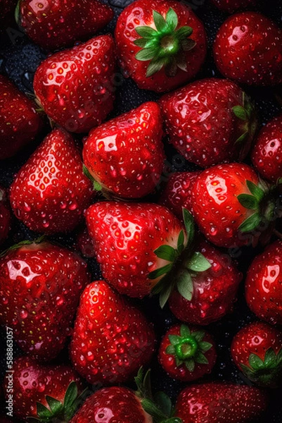 Fototapeta Seamless background many ripe red straqberries visible water drops