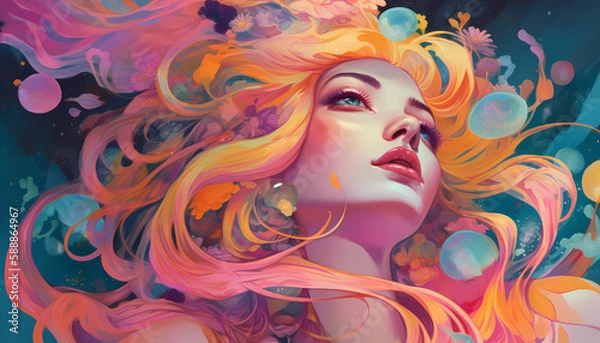 Fototapeta Girl's Face with Floating Colorful Haircut
