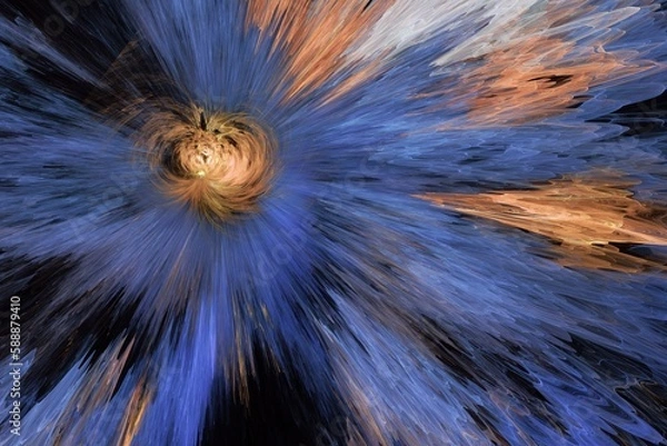 Fototapeta Blue orange pattern of crooked waves on a black background. Abstract fractal 3D rendering