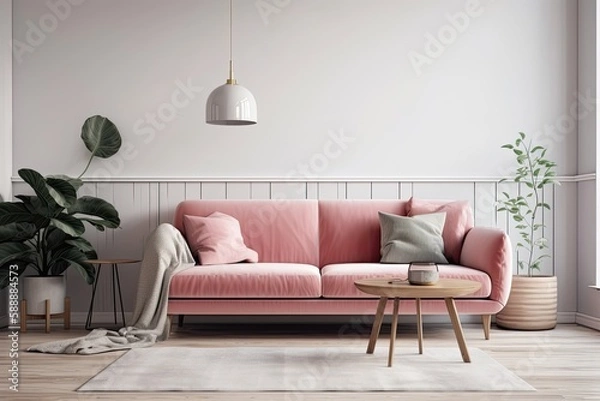 Obraz Interior wall mock up of a living room with a pink velvet sofa, pillows, and a white wall background on the right. Generative AI