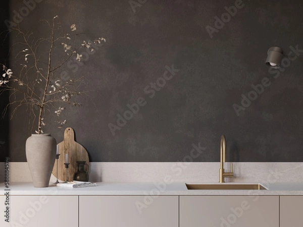 Fototapeta Close up kitchen view , blank space , empty background , 3d rendering