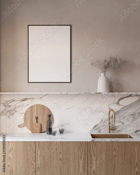 Fototapeta Modern scandinavian kitchen close up design with empty poster frame , 3d rendering