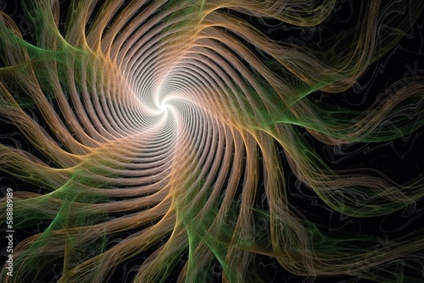 Fototapeta Orange green swirling pattern of crooked waves on a black background. Abstract fractal 3D rendering