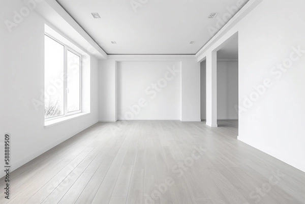 Fototapeta Modern minimalist scandinavian interior with a big empty wall - mockup design. Illustration. Generative AI