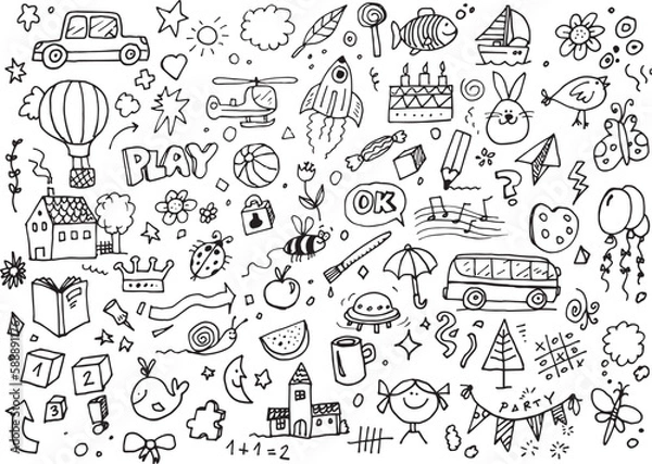 Obraz Vector kids hand drawings, doodle collection on white background