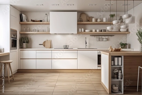 Fototapeta Modern white kitchen with wooden accents and a parquet floor, minimalist interior architecture, wooden table top or shelf with minimalistic vases,. Generative AI