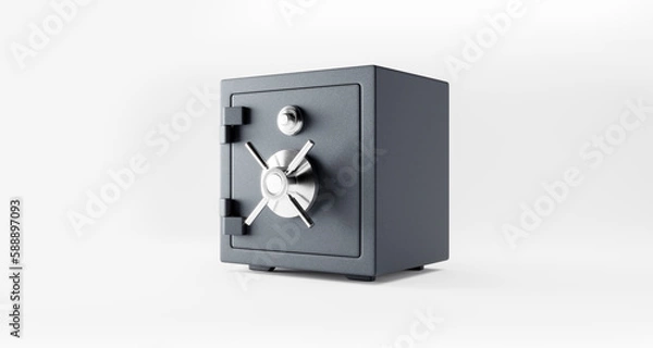 Obraz Closed grey metal safe isolated on white background. Front view. Banking security clip art. 3d render.