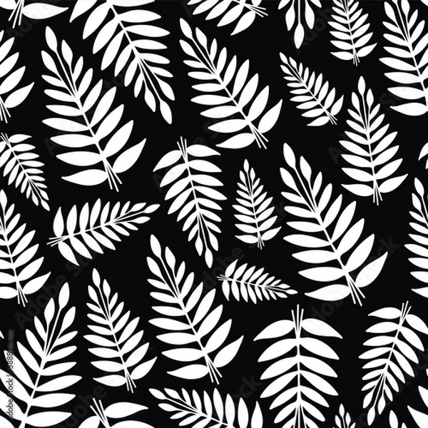 Fototapeta Vector abstract black and white tropic leaves repeating pattern background.