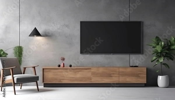 Fototapeta Wall mounted tv and wooden cabinet with gray armchair in modern living room the concrete wall. Generative AI.