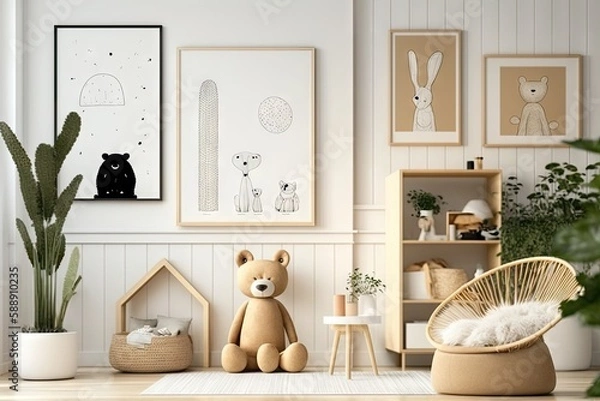 Fototapeta Scandinavian Style Kids Room with Wooden Toys and Eco-Friendly Elements. Generative AI