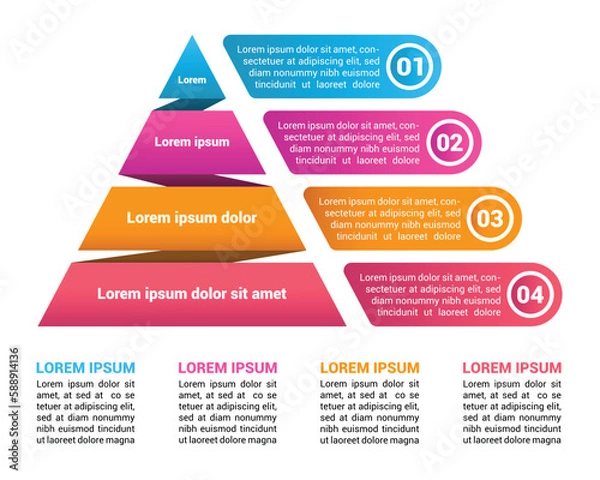 Fototapeta Pyramid Infographic, funnel pyramid business infographic with 4 charts. Template can be edited, recolored, editable. EPS Vector	
