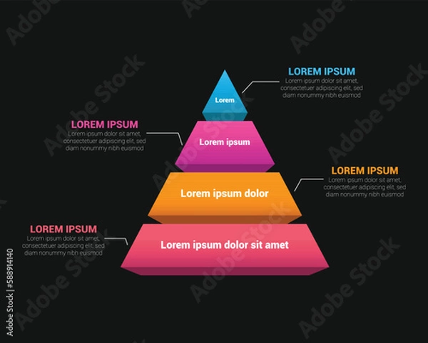 Fototapeta Pyramid Infographic, funnel pyramid business infographic with 4 charts. Template can be edited, recolored, editable. EPS Vector	
