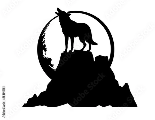 Obraz Coyote Silhouette Vector with Moon and rock backdrop