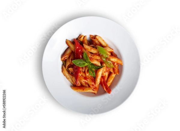 Fototapeta Penne Arrabbiata Pasta With Tomato Sauce on White Plate Isolated White Background Aerial View