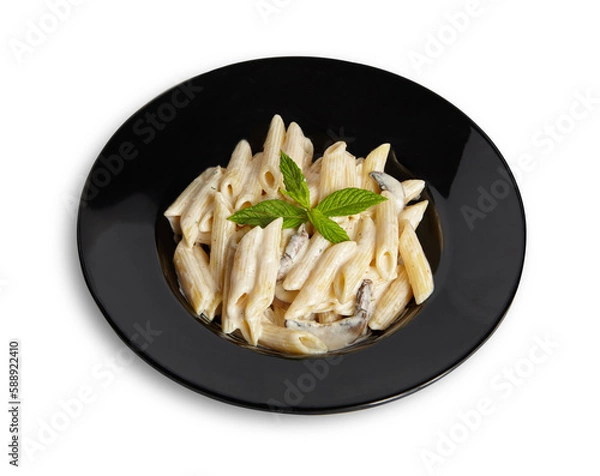 Obraz Penne Alfredo Pasta on Black Plate Isolated White Background