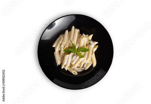 Obraz Penne Alfredo Pasta on Black Plate Isolated White Background