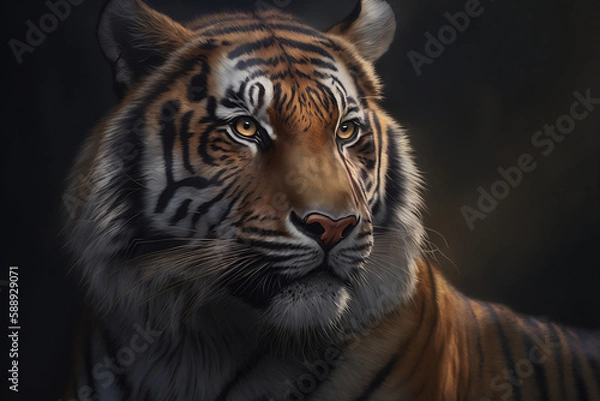 Fototapeta A close-up of the tiger's head, which fascinates with its majestic appearance and magnetism. This photo conveys the inner essence of the tiger, its dangerous beauty and natural magic