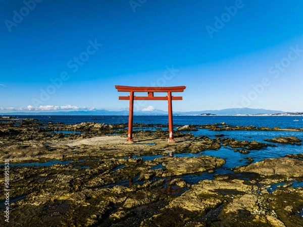 Obraz 葉山 海 神社 鳥居 富士山