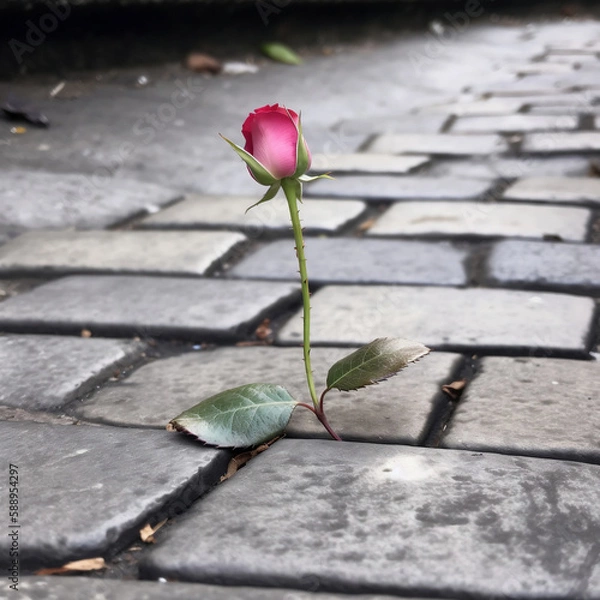 Fototapeta A rose growing through the crack of a sidewalk representing hope.