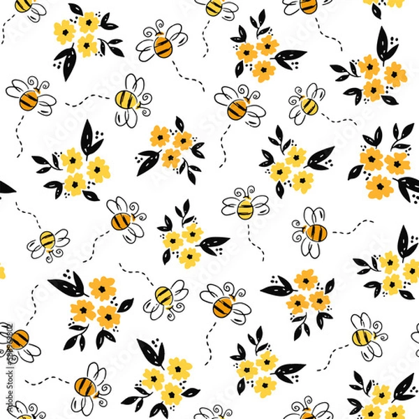 Fototapeta Vector bee pattern. Bees, hives, honey. Sweet pattern with bees.