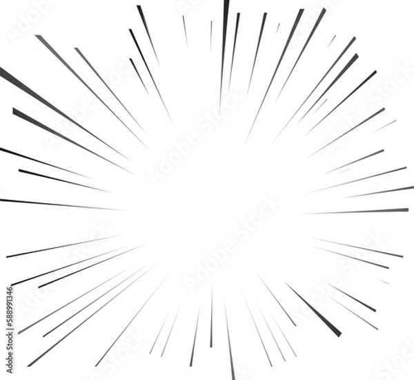 Obraz Manga radial focus speed lines for comic effect. Motion and action focus flash strip lines for anime comic book. Vector background illustration of black ray manga frame or splash and explosion.