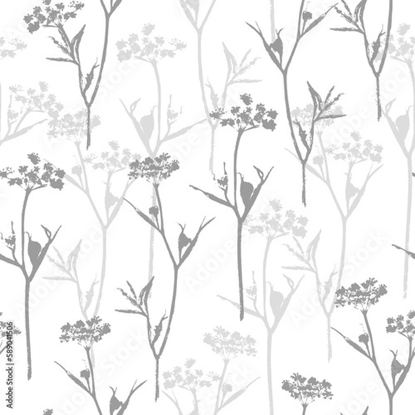 Fototapeta A delicate seamless pattern with silhouettes of wild flowering grasses in gray on a white background. Natural design for fabric, wallpaper, wrap, cover.