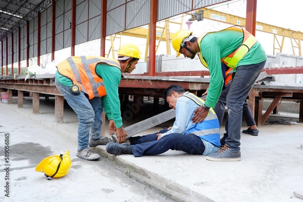 Fototapeta construction worker accident and colleagues to help.