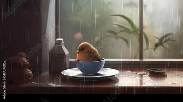 Obraz Small bird sitting on window with rain behind him, generative ai