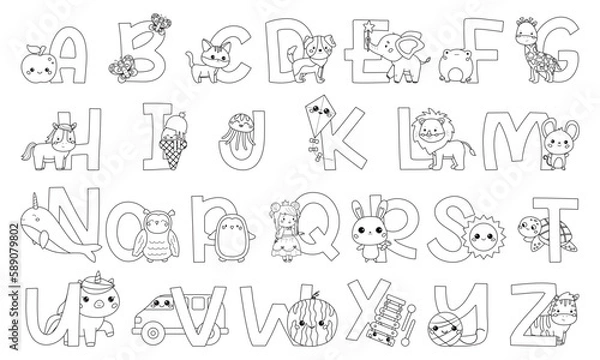 Fototapeta Coloring page with English alphabet letters. Cute animals, birds, food and objects. Funny ABC for kids. Children education. Kawaii cartoon characters. Coloring book. Vector illustration.