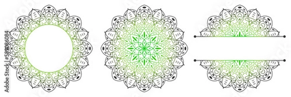 Obraz Set of flower mandalas. Split pattern in form of mandala for Henna Mehndi or tattoo decoration. Decorative ornament in ethnic oriental style, vector illustration.	