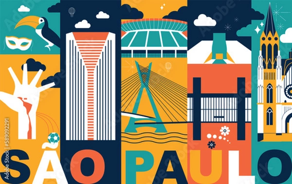 Obraz Sao Paulo culture travel night set, famous architectures specialties in flat design. Business Brazilian tourism concept clipart. Image presentation, banner, website, advert, flyer, roadmap, icons