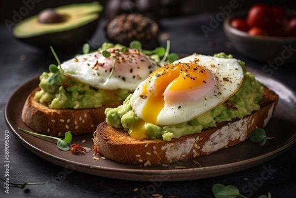 Fototapeta fried eggs with bacon and vegetable on plate
