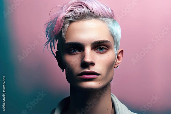 Obraz Generative AI illustration of attractive young female model with bright makeup and short dyed hair looking at camera against pink background
